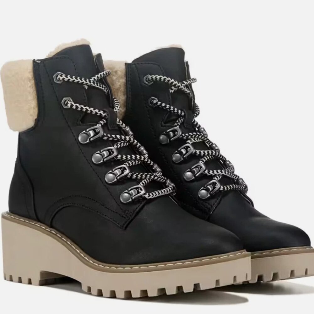 DV DOLCE VITA Russit Ankle Boots Womens 11 Lug Sole Black Beige Faux Fur